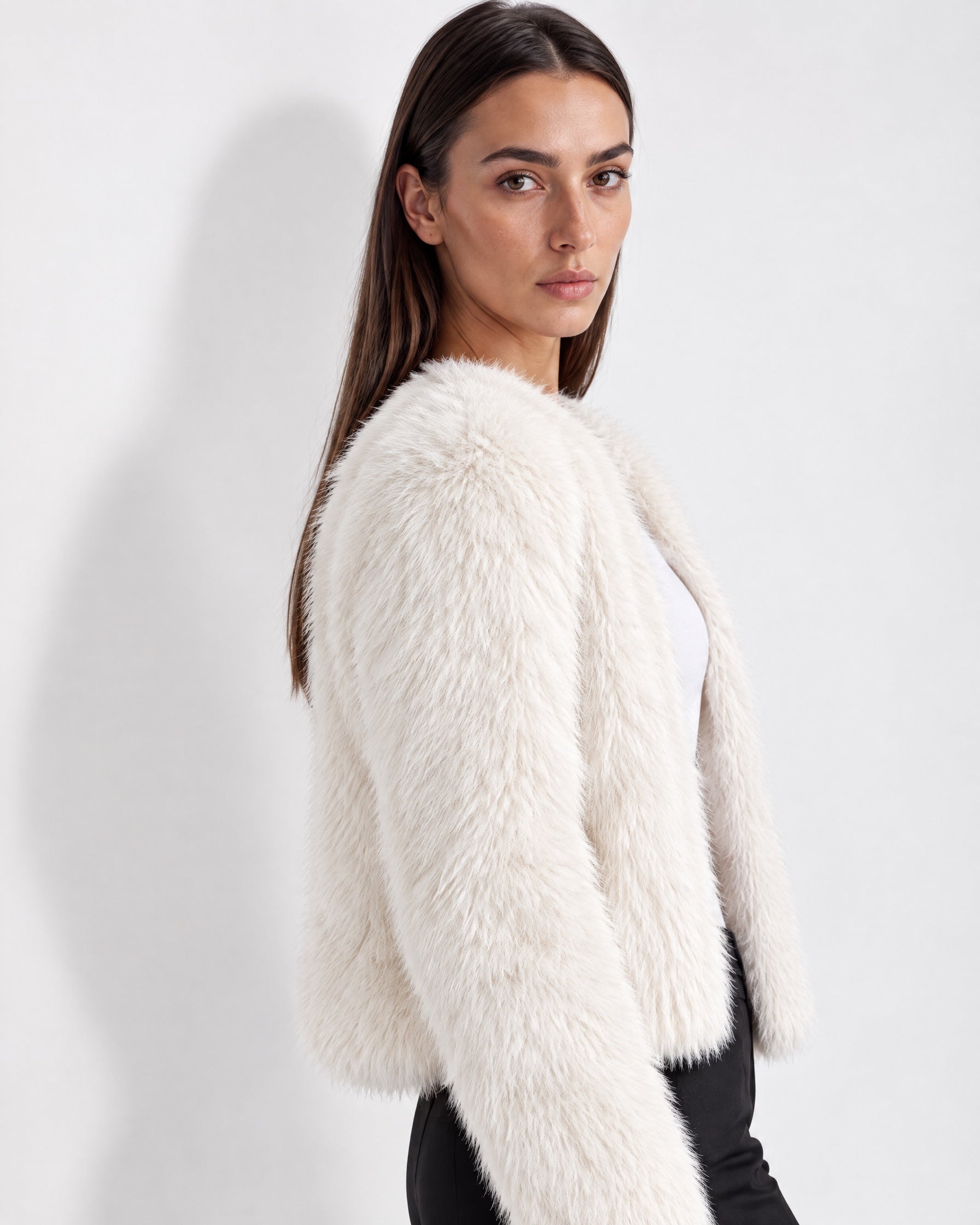 White Faux Fur Jacket Womens Fluffy Open Front Jacket with Collarless Neckline