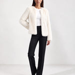 White Faux Fur Jacket Womens Fluffy Open Front Jacket with Collarless Neckline