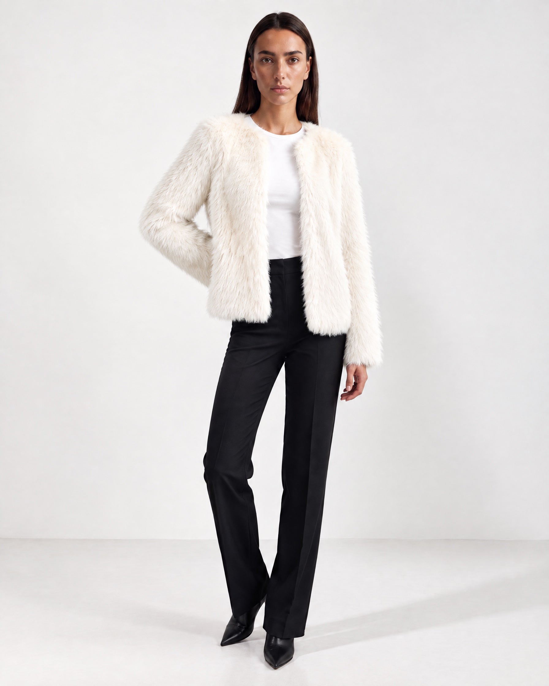 White Faux Fur Jacket Womens Fluffy Open Front Jacket with Collarless Neckline