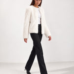 White Faux Fur Jacket Womens Fluffy Open Front Jacket with Collarless Neckline