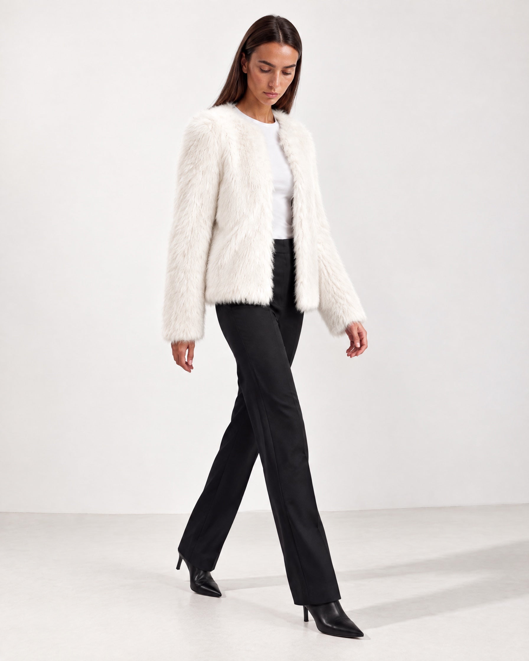 White Faux Fur Jacket Womens Fluffy Open Front Jacket with Collarless Neckline