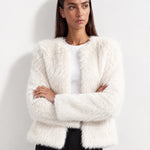 White Faux Fur Jacket Womens Fluffy Open Front Jacket with Collarless Neckline