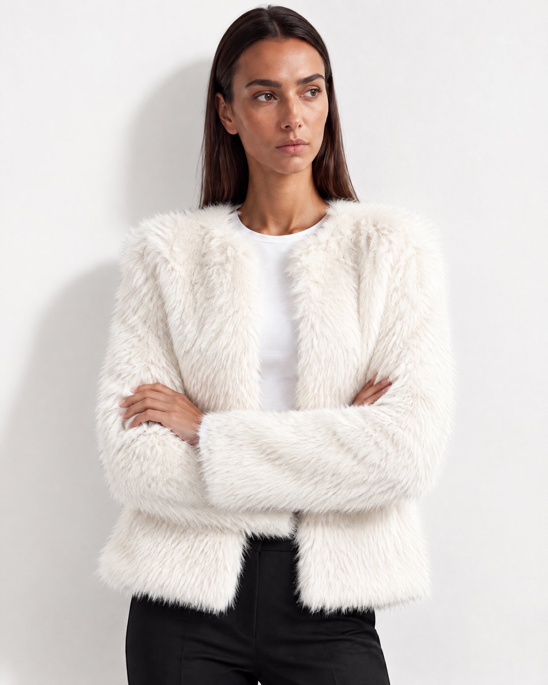 White Faux Fur Jacket Womens Fluffy Open Front Jacket with Collarless Neckline