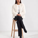 White Faux Fur Jacket Womens Fluffy Open Front Jacket with Collarless Neckline