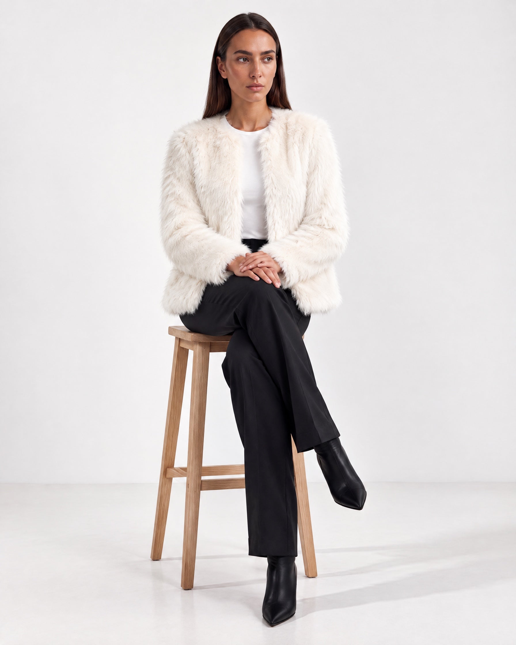 White Faux Fur Jacket Womens Fluffy Open Front Jacket with Collarless Neckline