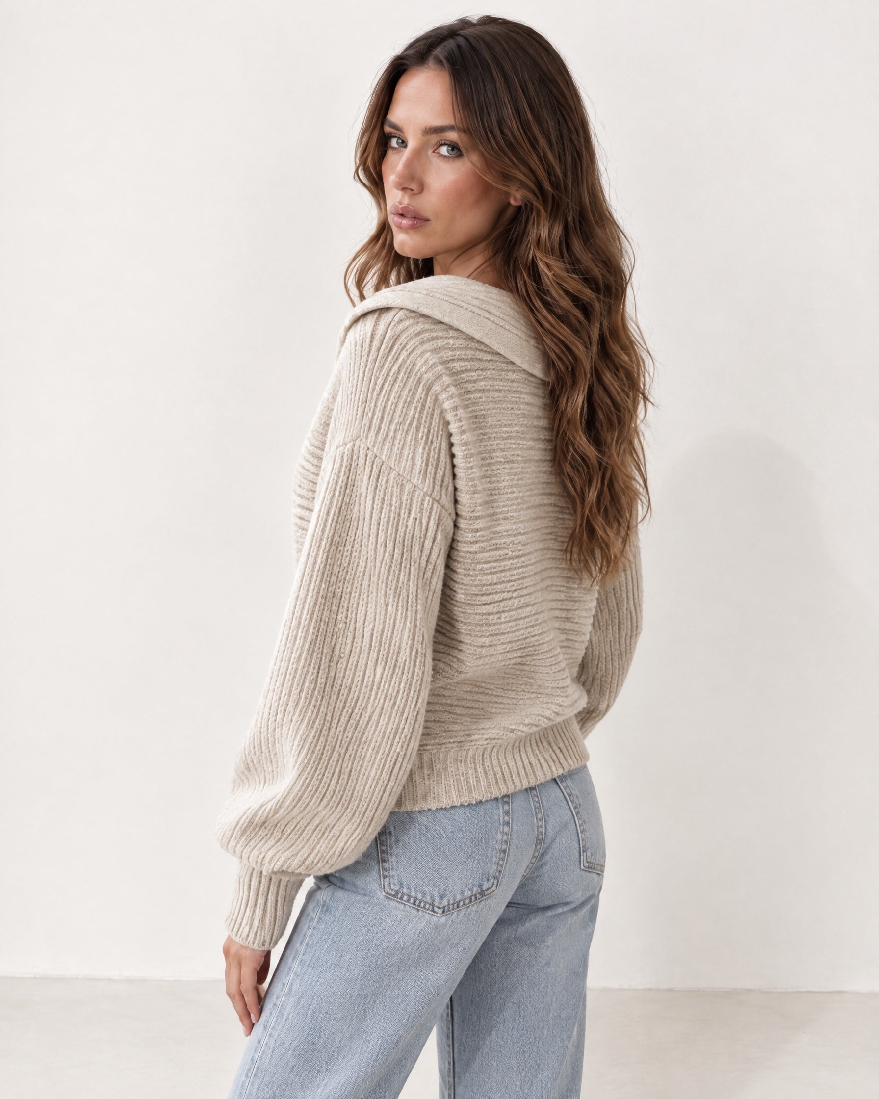 Beige Collared Jumper Open Polo Neck Relaxed Knit