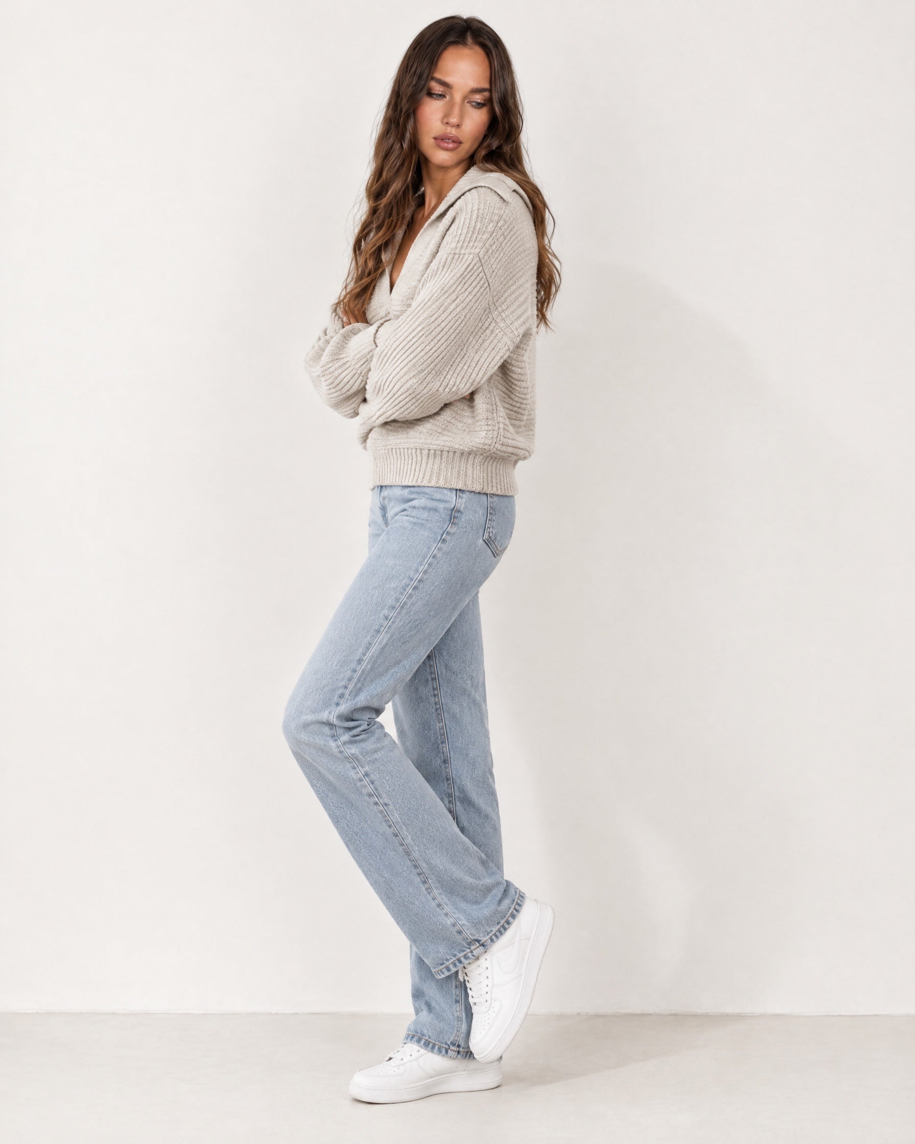 Beige Collared Jumper Open Polo Neck Relaxed Knit