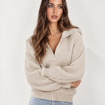 Beige Collared Jumper Open Polo Neck Relaxed Knit