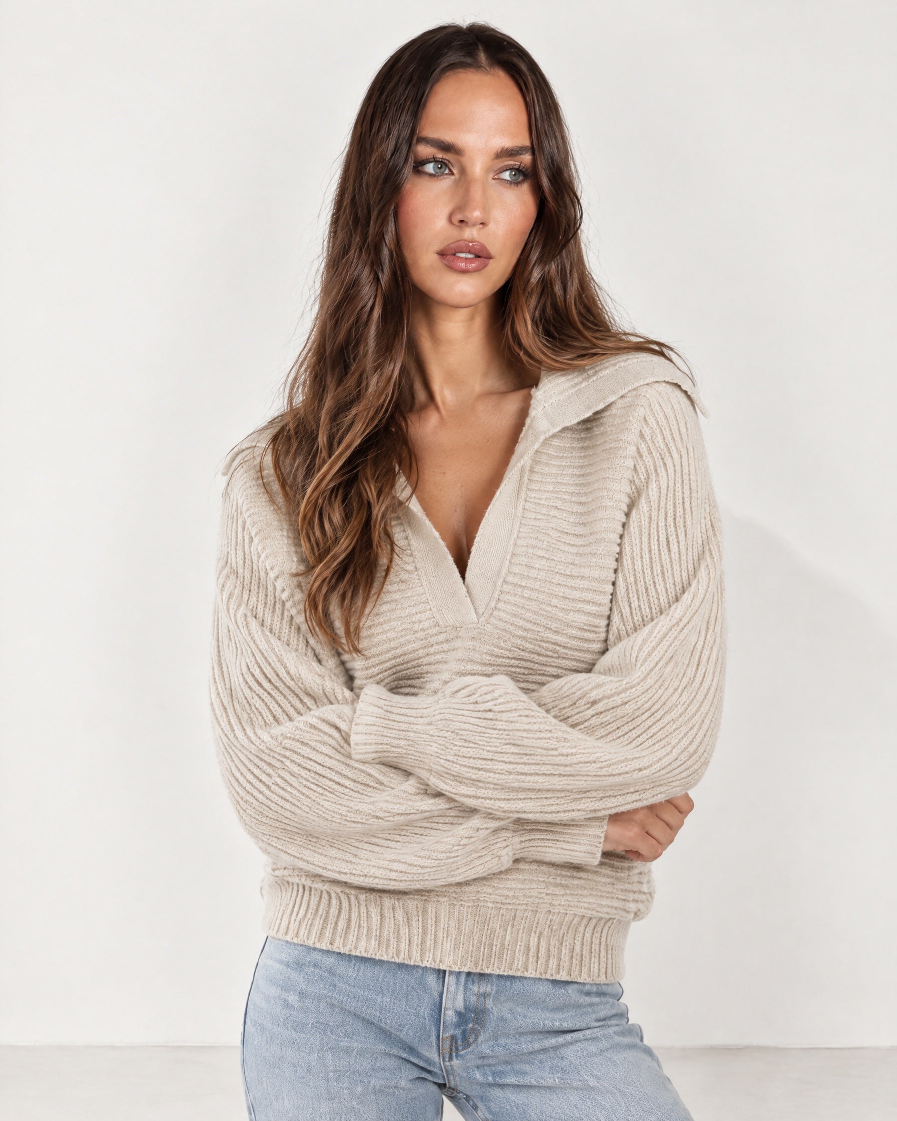 Beige Collared Jumper Open Polo Neck Relaxed Knit