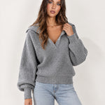 Grey Collared Jumper Open Polo Neck Relaxed Knit