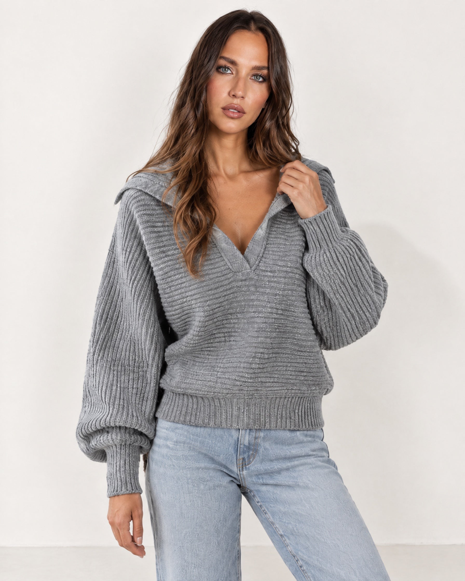 Grey Collared Jumper Open Polo Neck Relaxed Knit