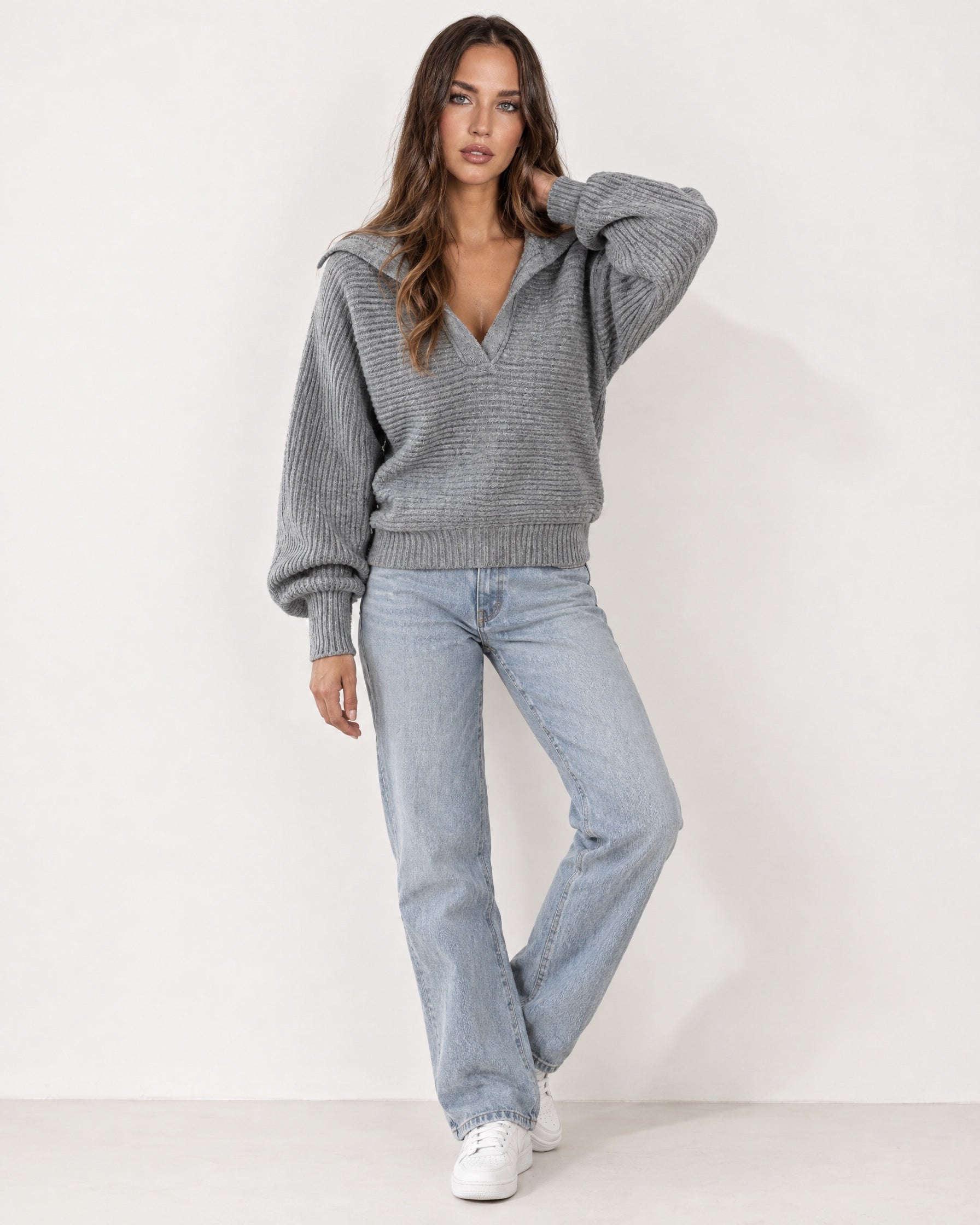 Grey Collared Jumper Open Polo Neck Relaxed Knit