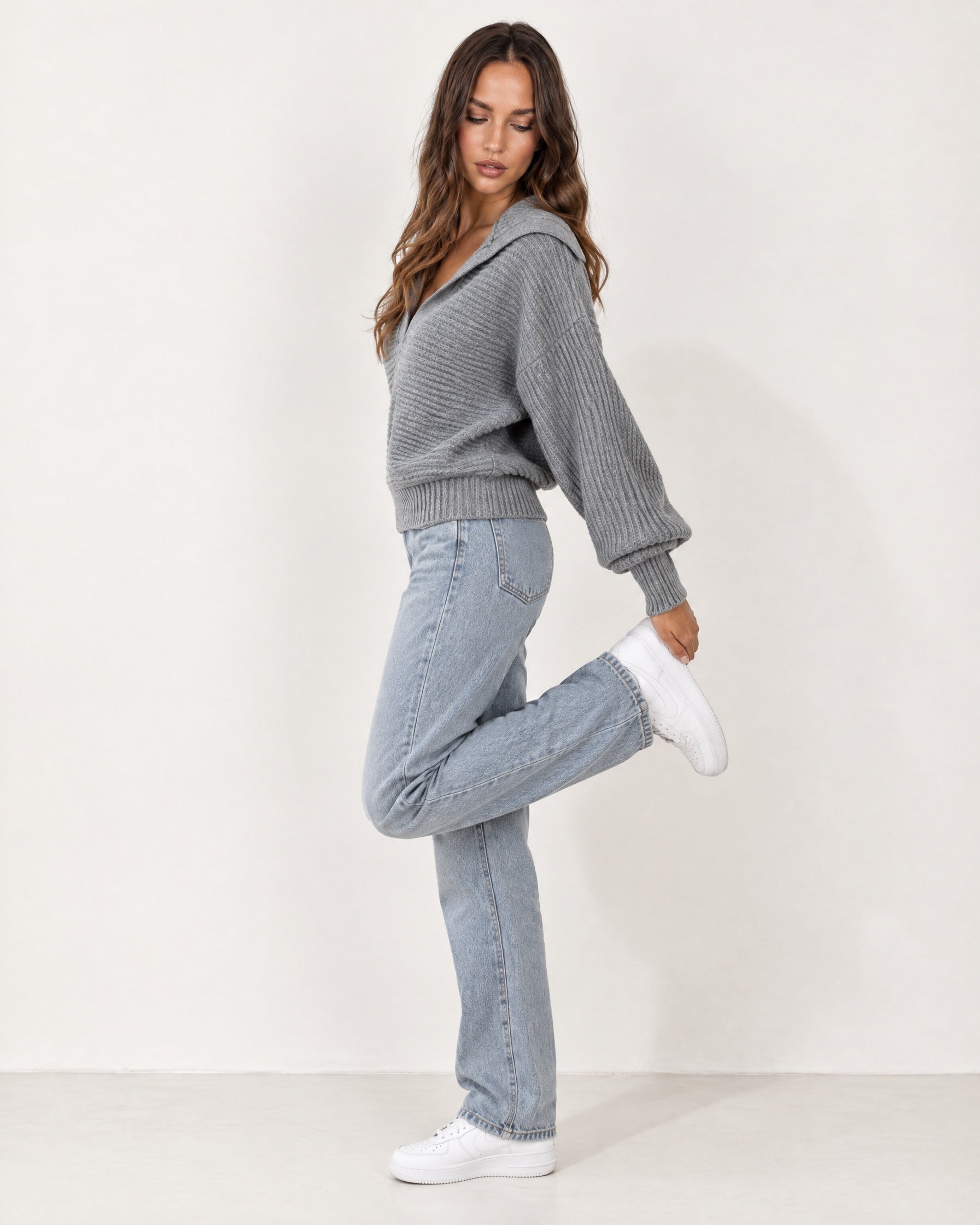 Grey Collared Jumper Open Polo Neck Relaxed Knit