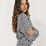 Grey Collared Jumper Open Polo Neck Relaxed Knit