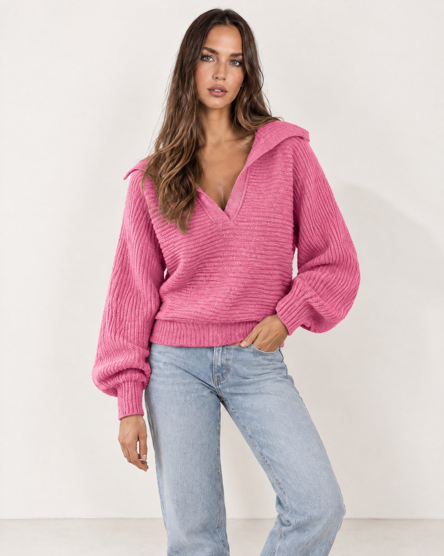 Pink Collared Jumper Open Polo Neck Relaxed Knit