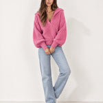 Pink Collared Jumper Open Polo Neck Relaxed Knit