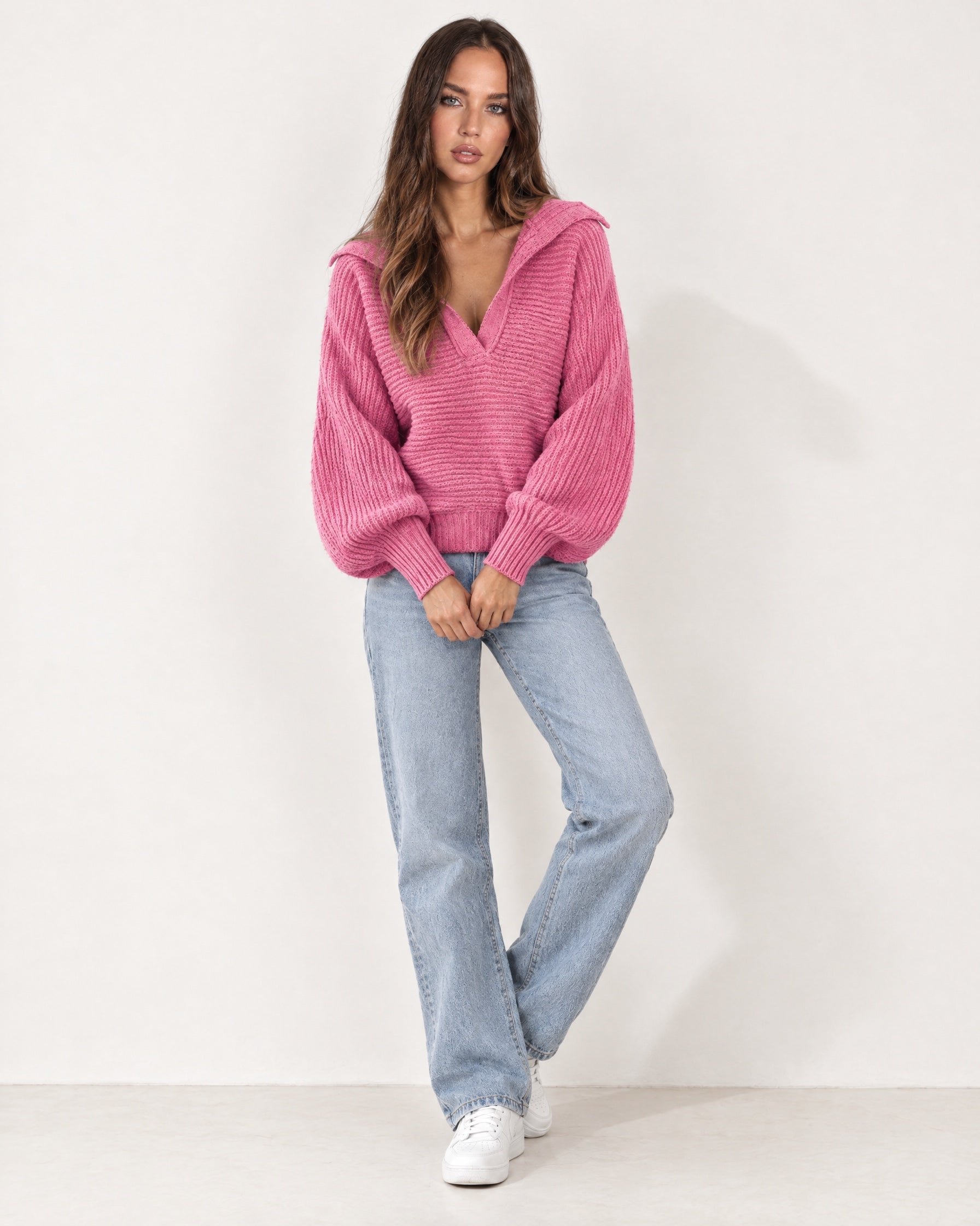 Pink Collared Jumper Open Polo Neck Relaxed Knit