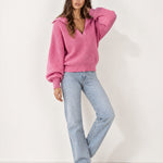 Pink Collared Jumper Open Polo Neck Relaxed Knit