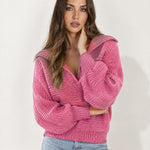 Pink Collared Jumper Open Polo Neck Relaxed Knit