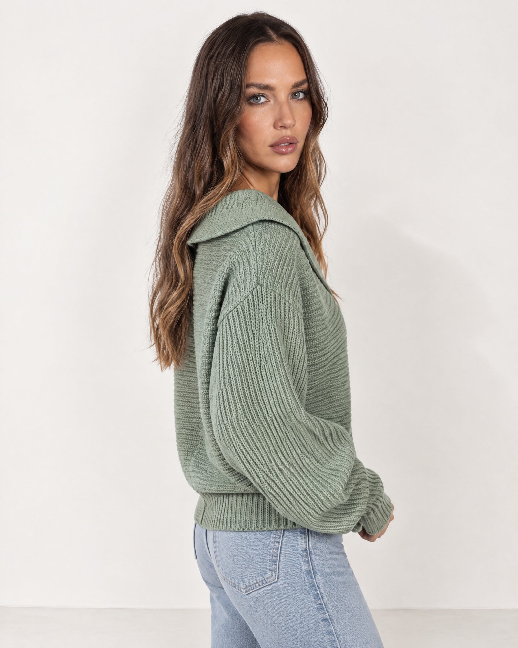 Sage Collared Jumper Open Polo Neck Relaxed Knit