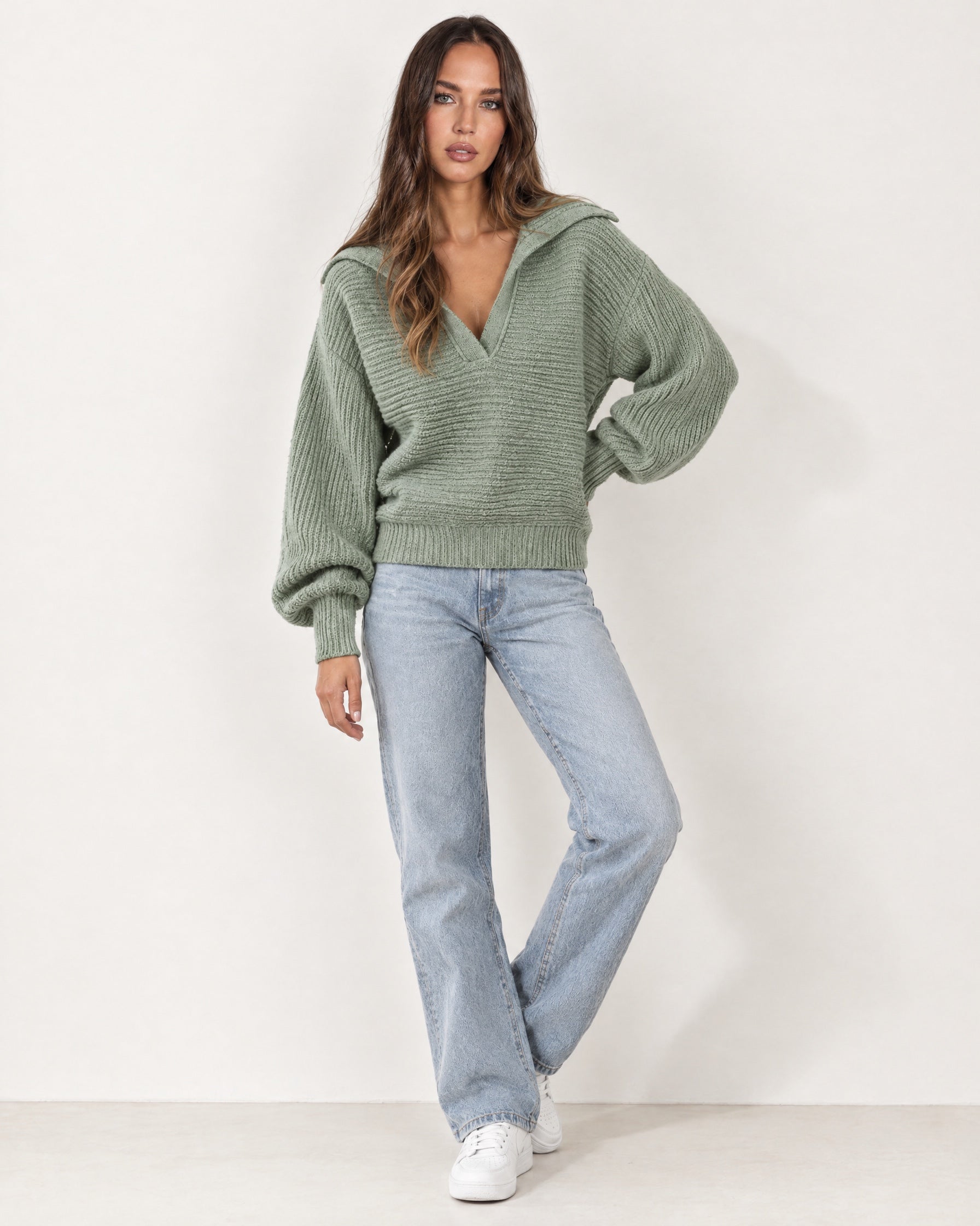 Sage Collared Jumper Open Polo Neck Relaxed Knit