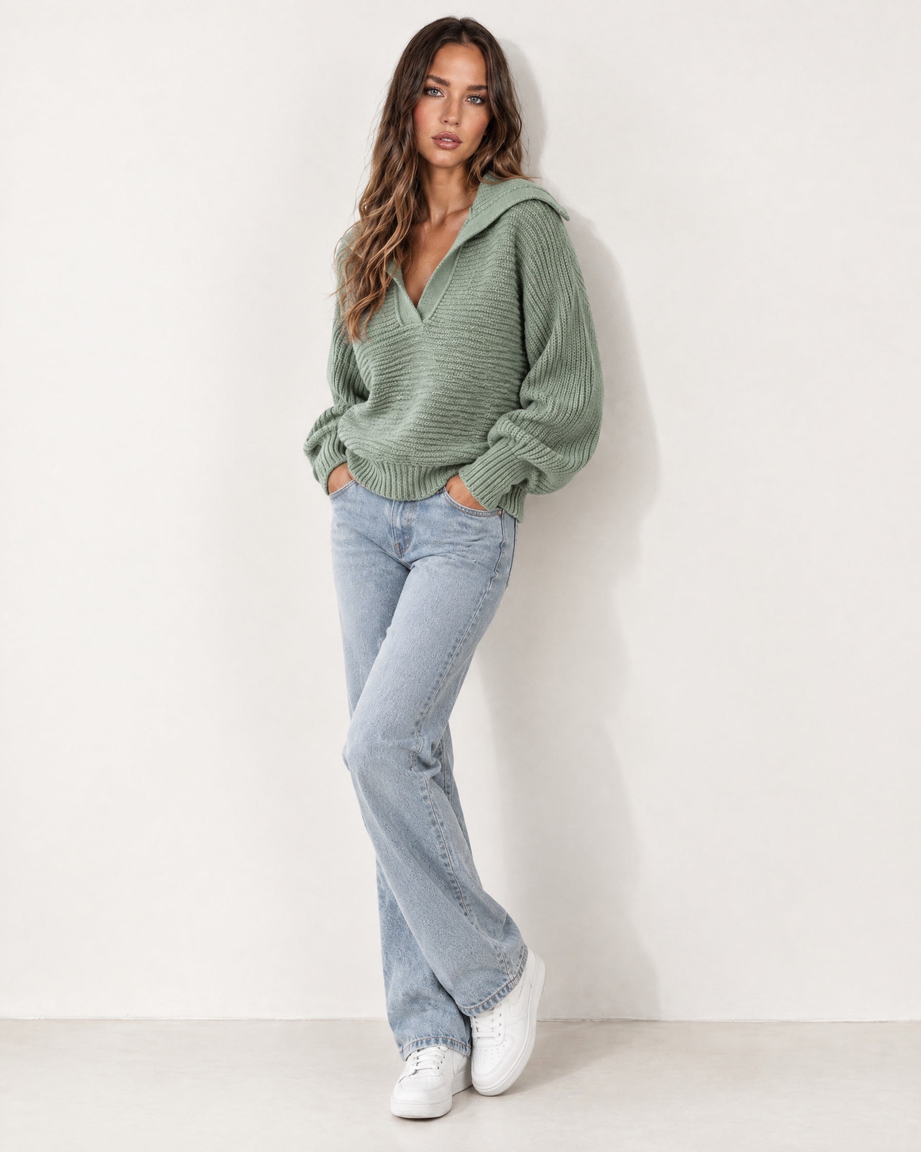 Sage Collared Jumper Open Polo Neck Relaxed Knit