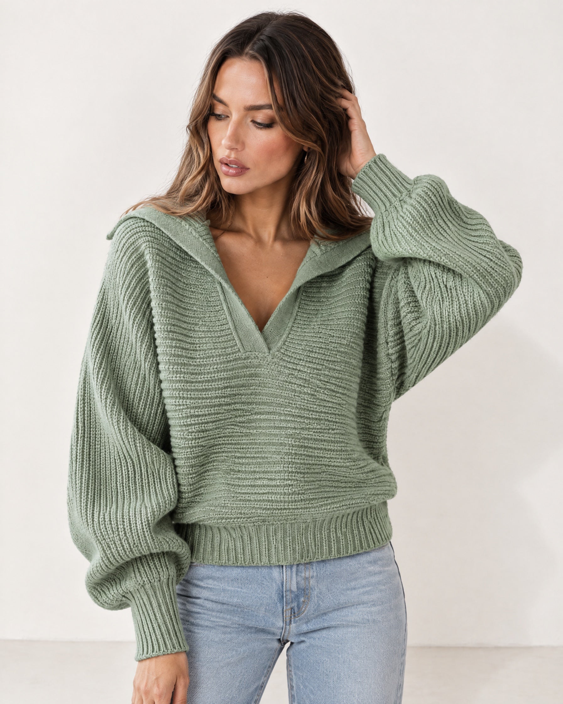 Sage Collared Jumper Open Polo Neck Relaxed Knit