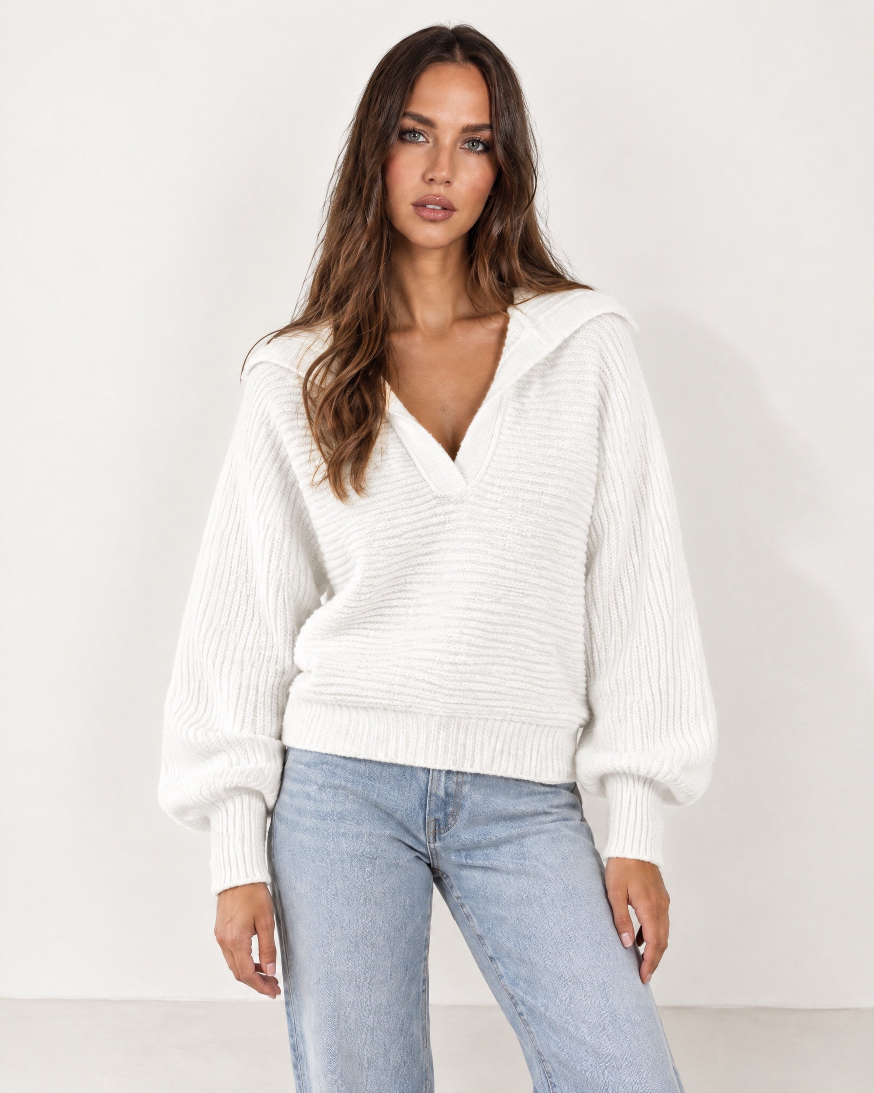 White Collared Jumper Open Polo Neck Relaxed Knit