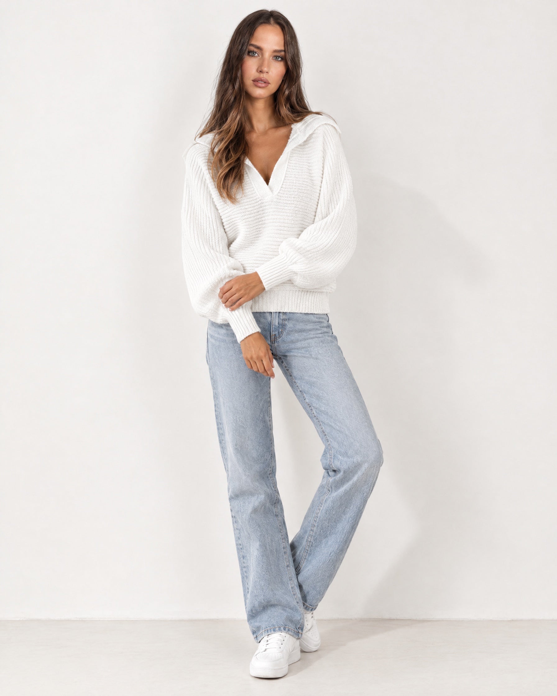 White Collared Jumper Open Polo Neck Relaxed Knit