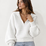 White Collared Jumper Open Polo Neck Relaxed Knit
