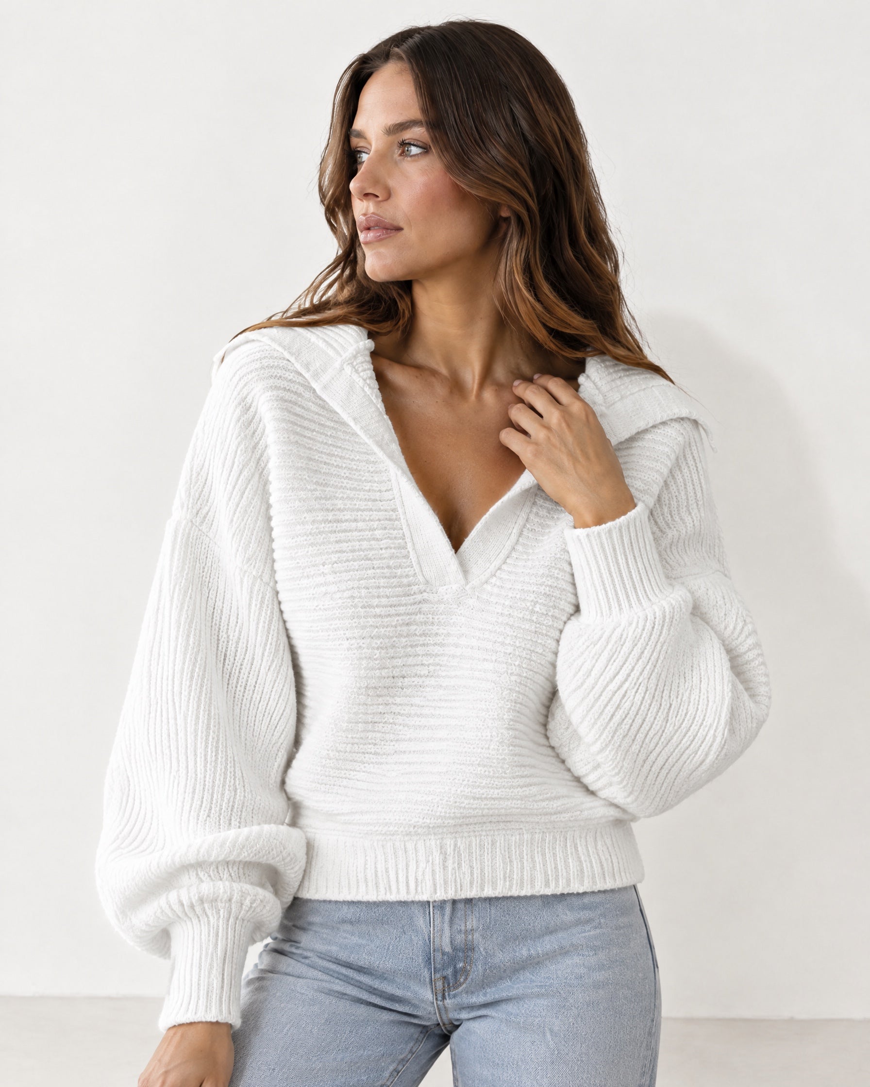 White Collared Jumper Open Polo Neck Relaxed Knit