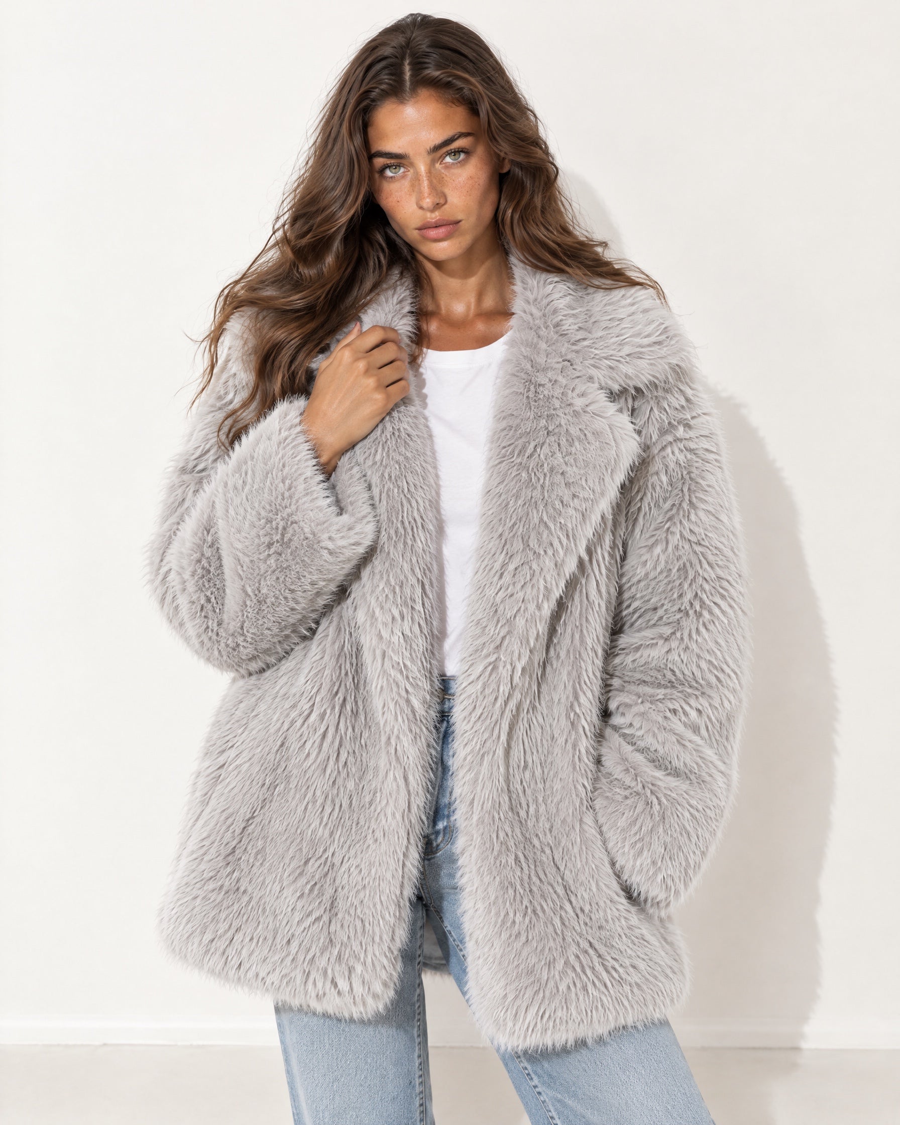 Grey Faux Fur Coat Oversized Shaggy