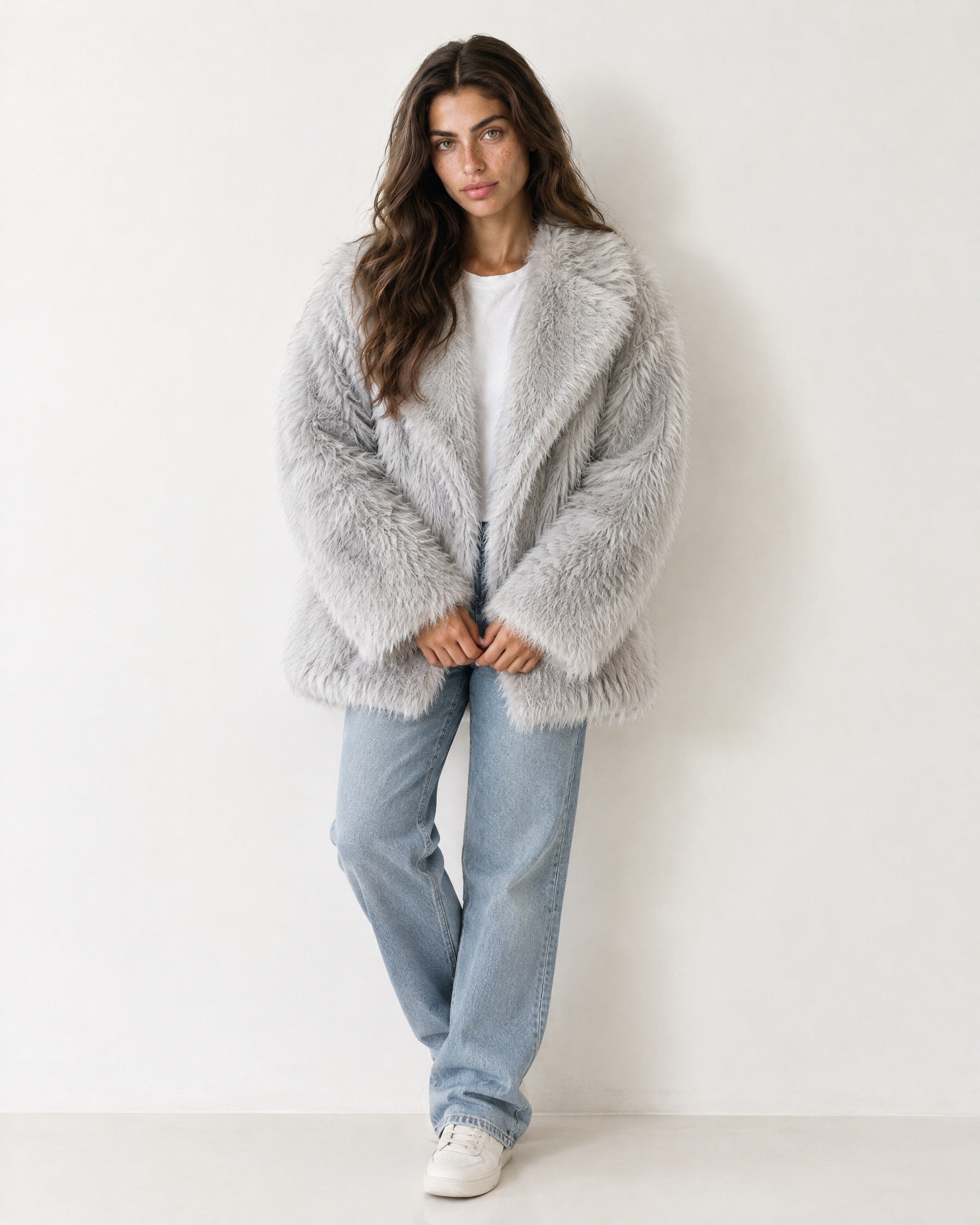 Grey Faux Fur Coat Oversized Shaggy