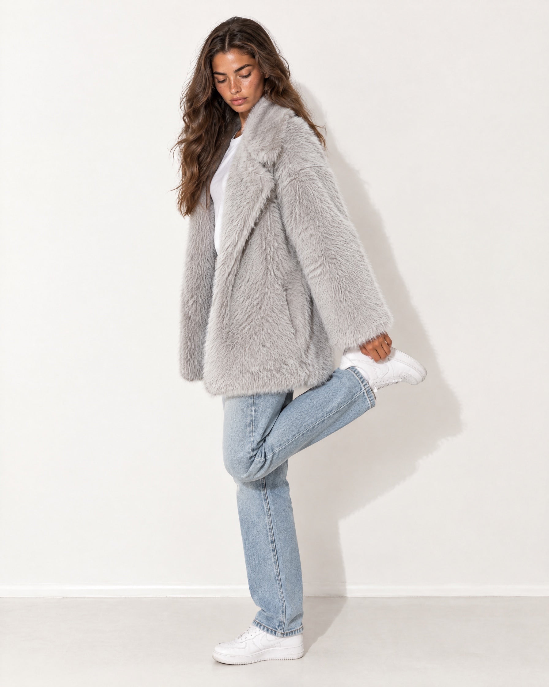 Grey Faux Fur Coat Oversized Shaggy