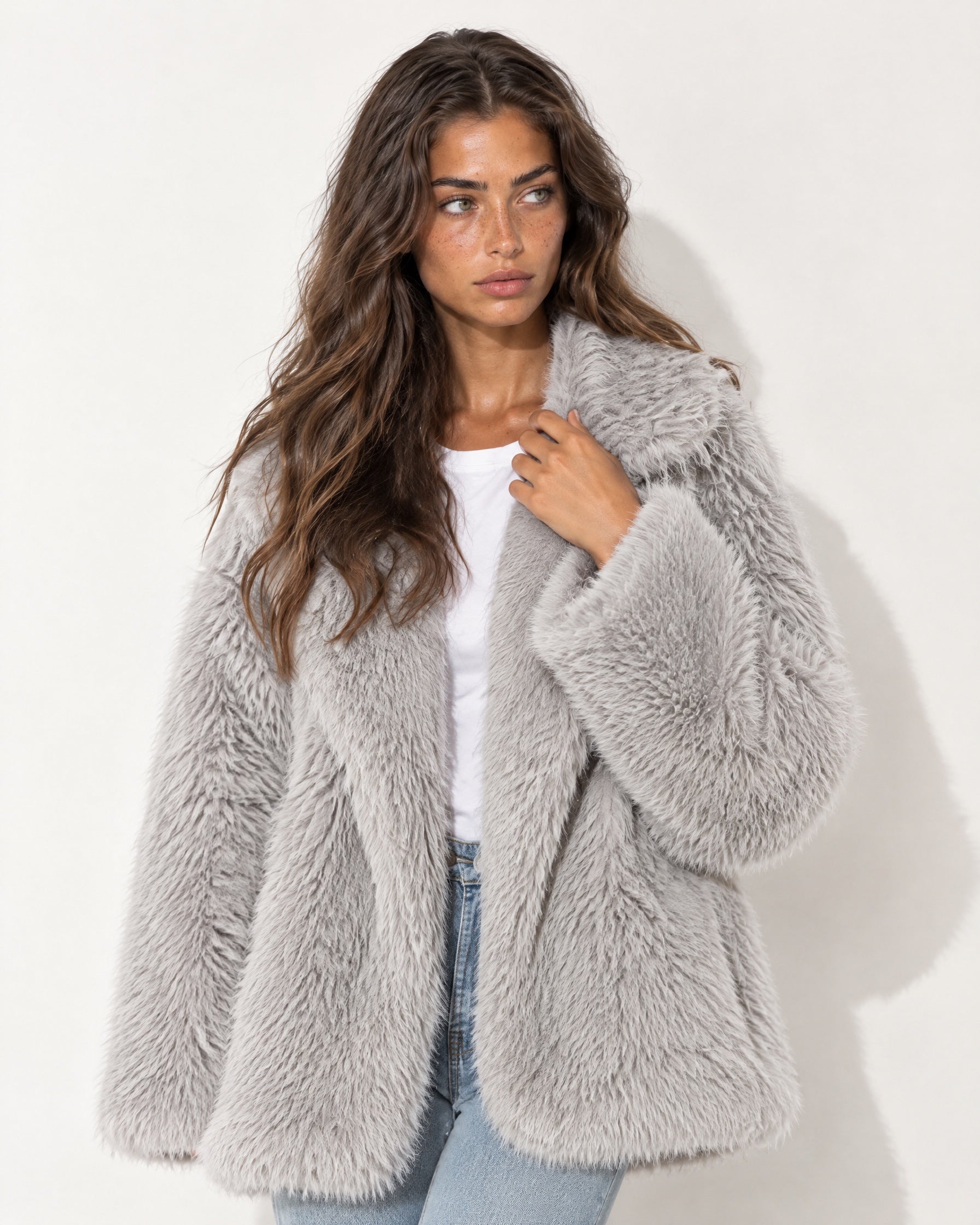 Grey Faux Fur Coat Oversized Shaggy