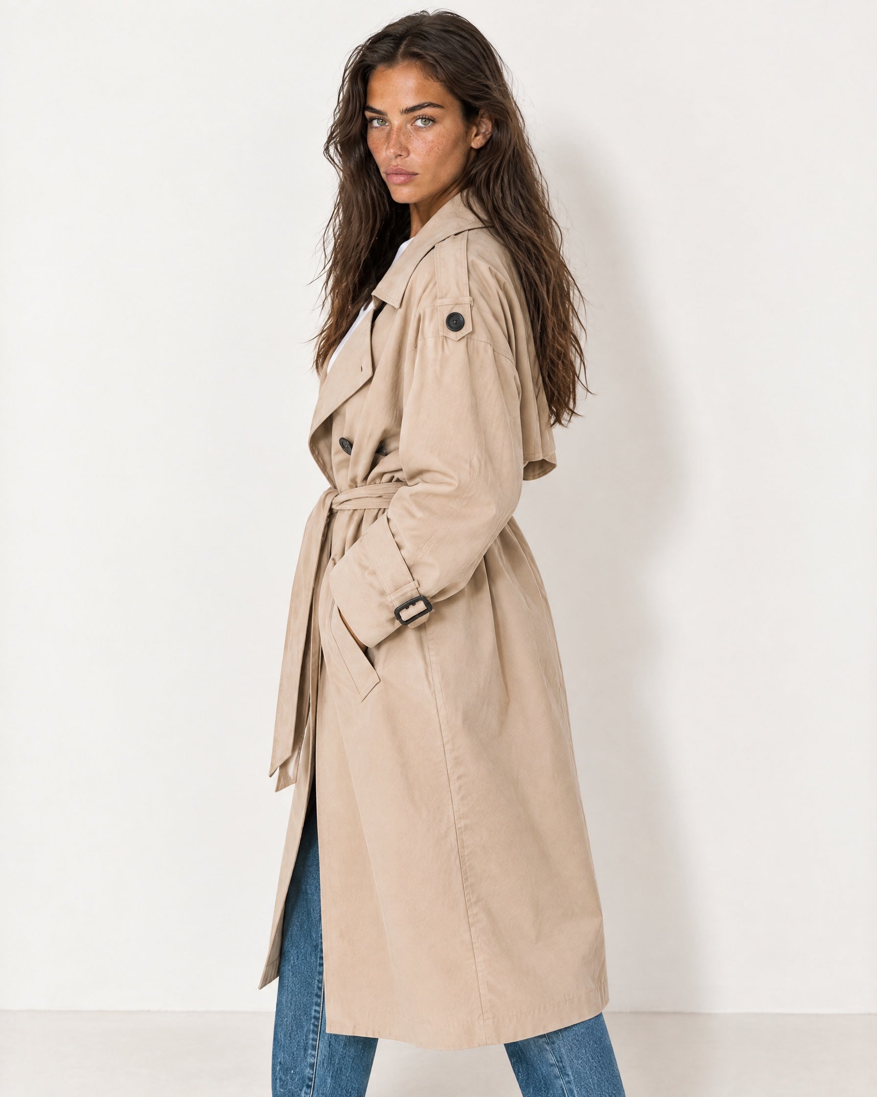 Beige Oversized Trench Coat Long Wide Lapel