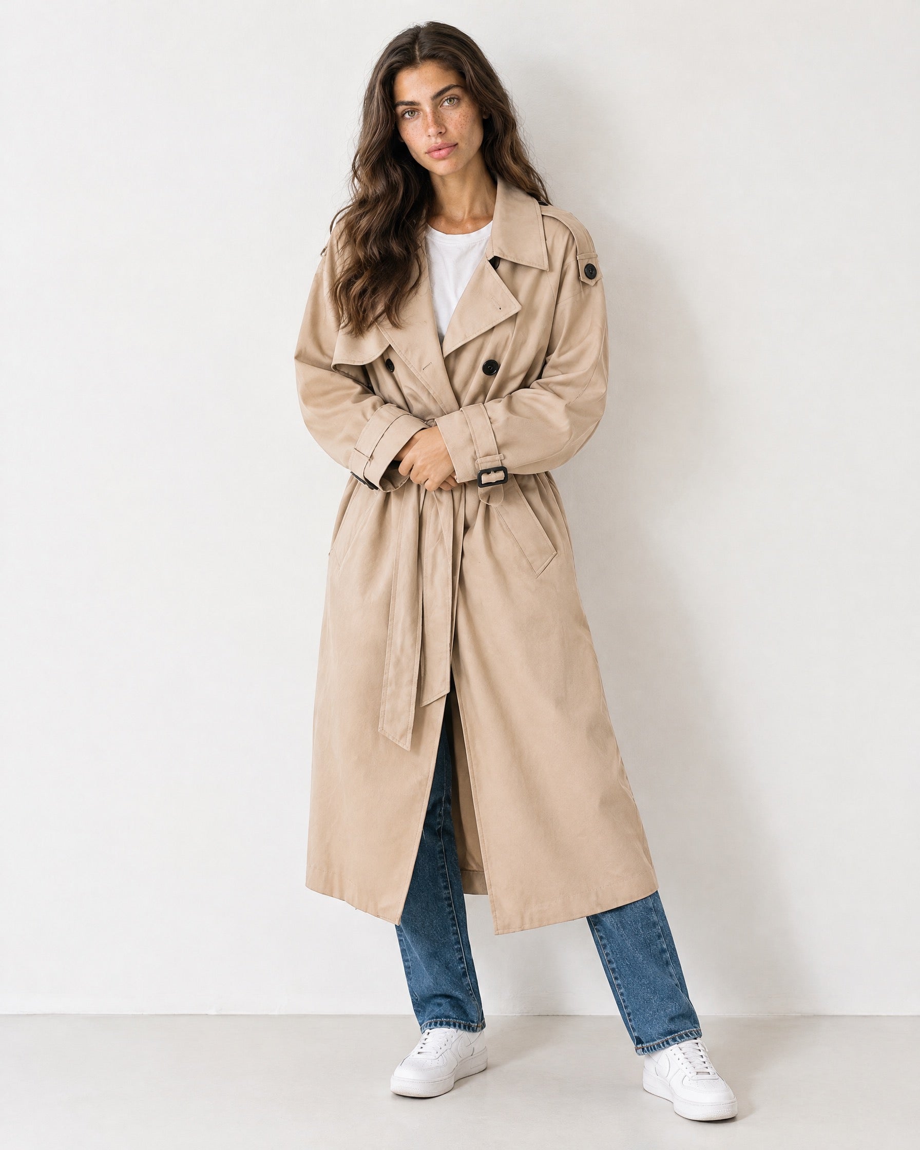 Beige Oversized Trench Coat Long Wide Lapel