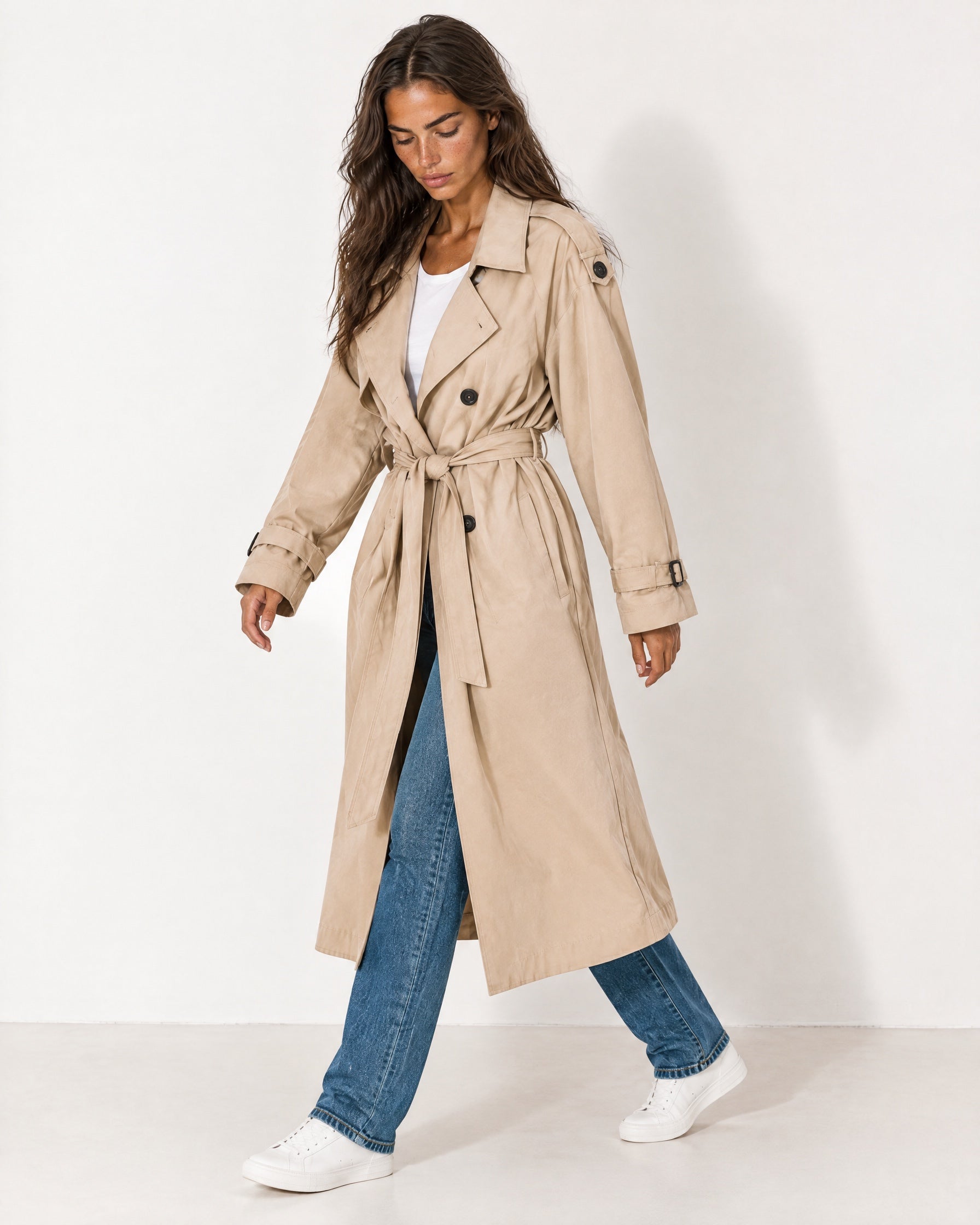 Beige Oversized Trench Coat Long Wide Lapel