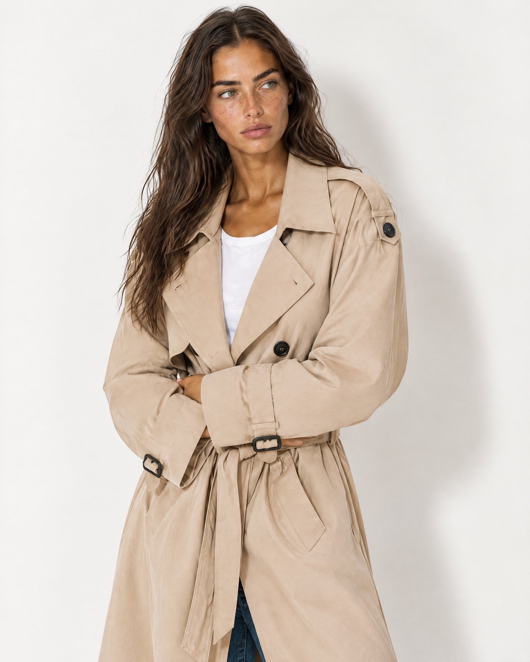 Beige Oversized Trench Coat Long Wide Lapel