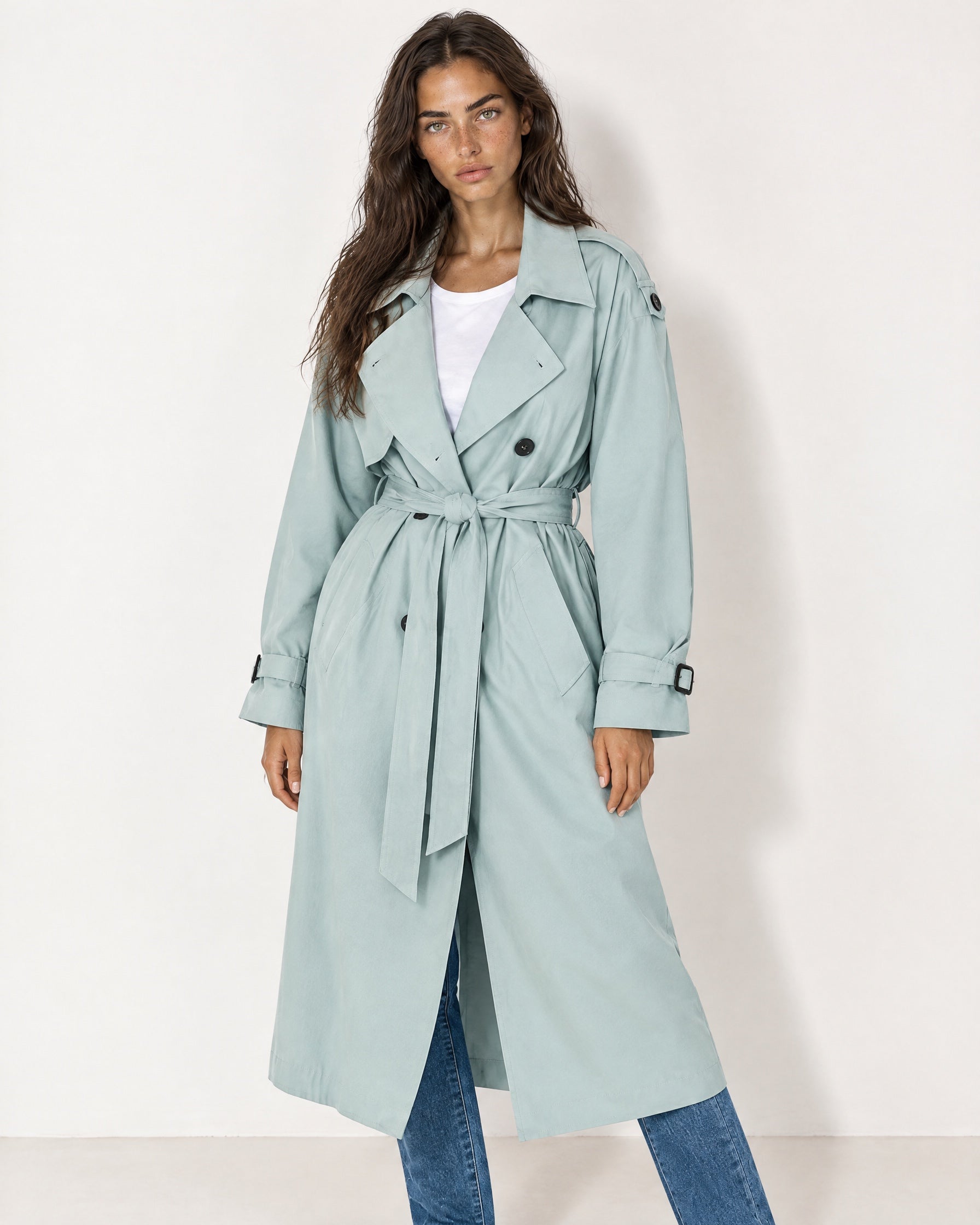 Light Blue Oversized Trench Coat Long Wide Lapel