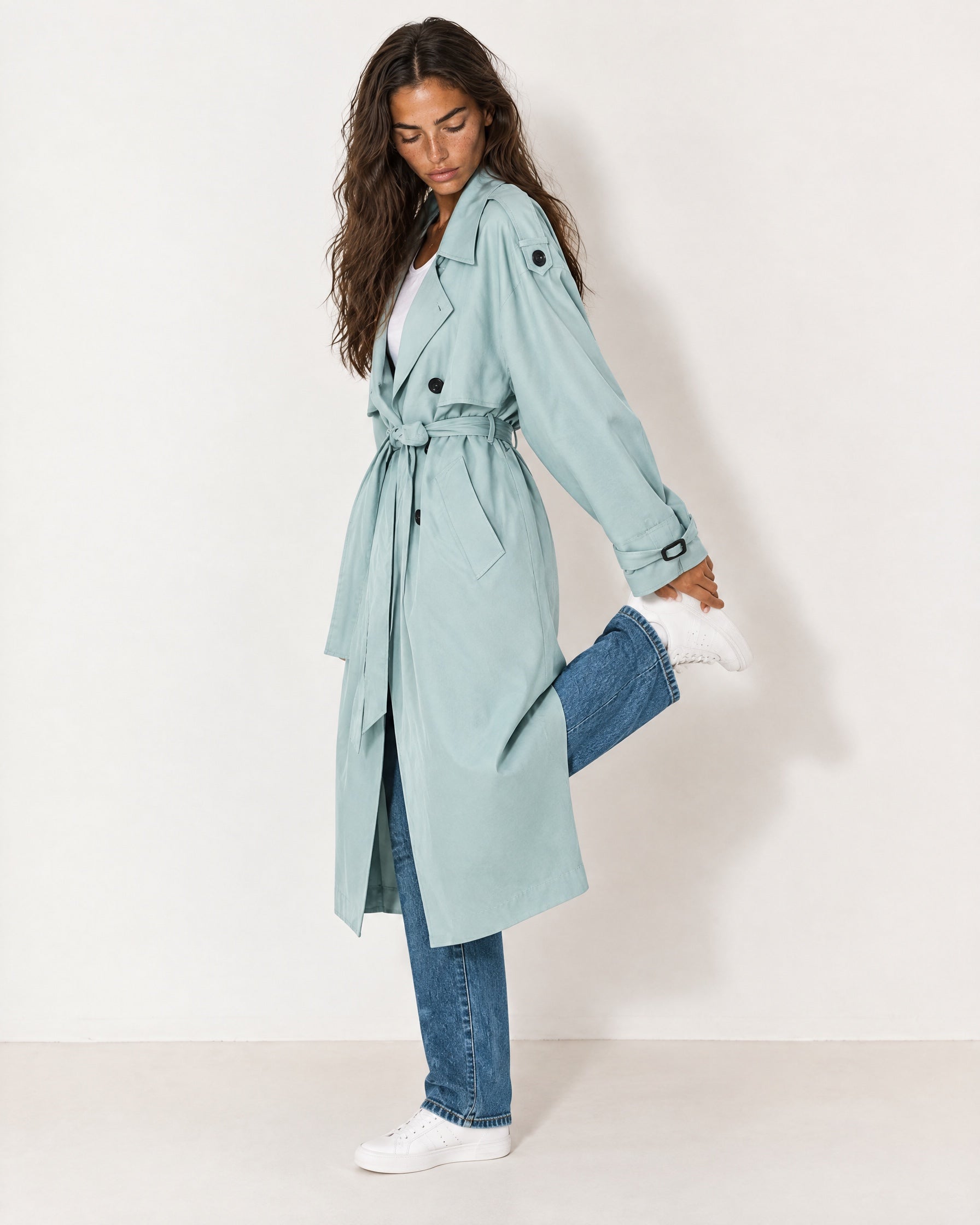 Light Blue Oversized Trench Coat Long Wide Lapel