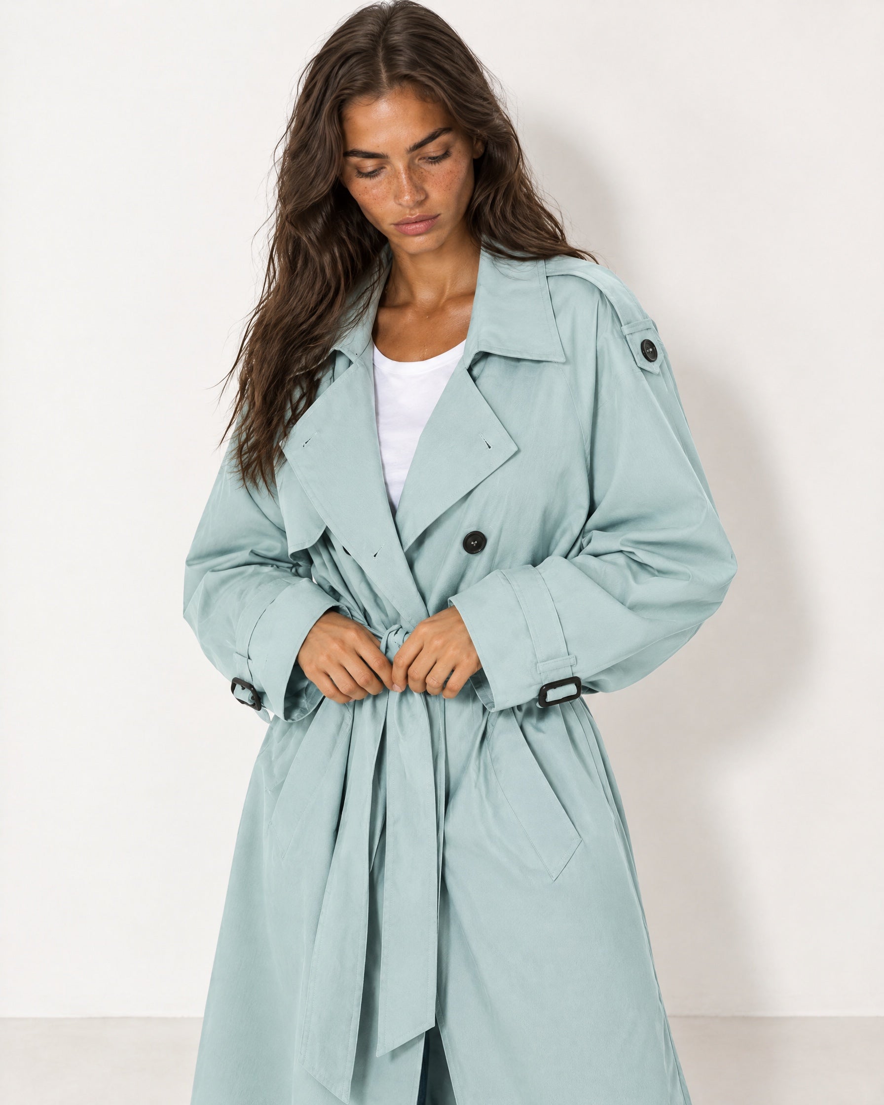 Light Blue Oversized Trench Coat Long Wide Lapel