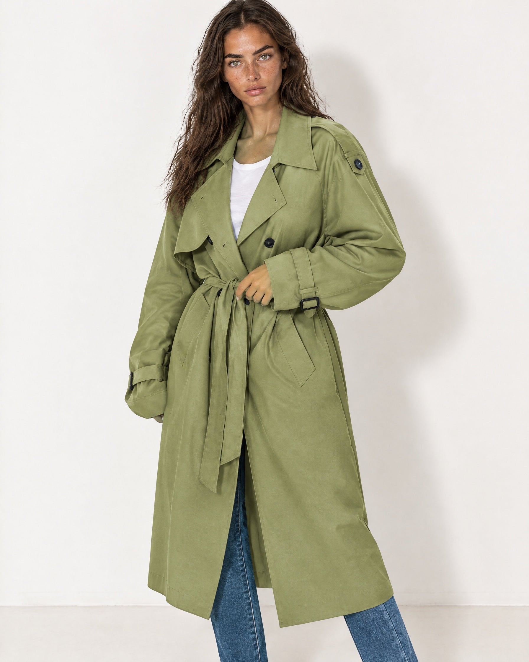Olive Oversized Trench Coat Long Wide Lapel
