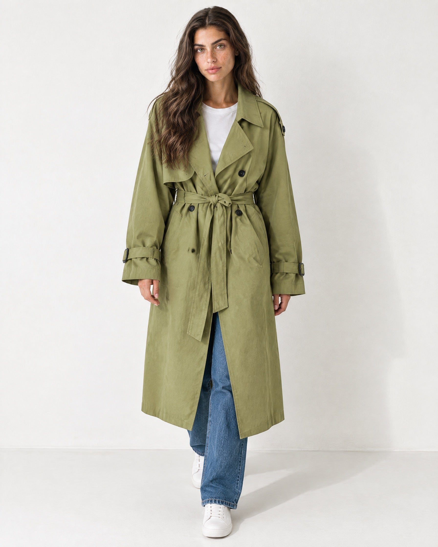 Olive Oversized Trench Coat Long Wide Lapel