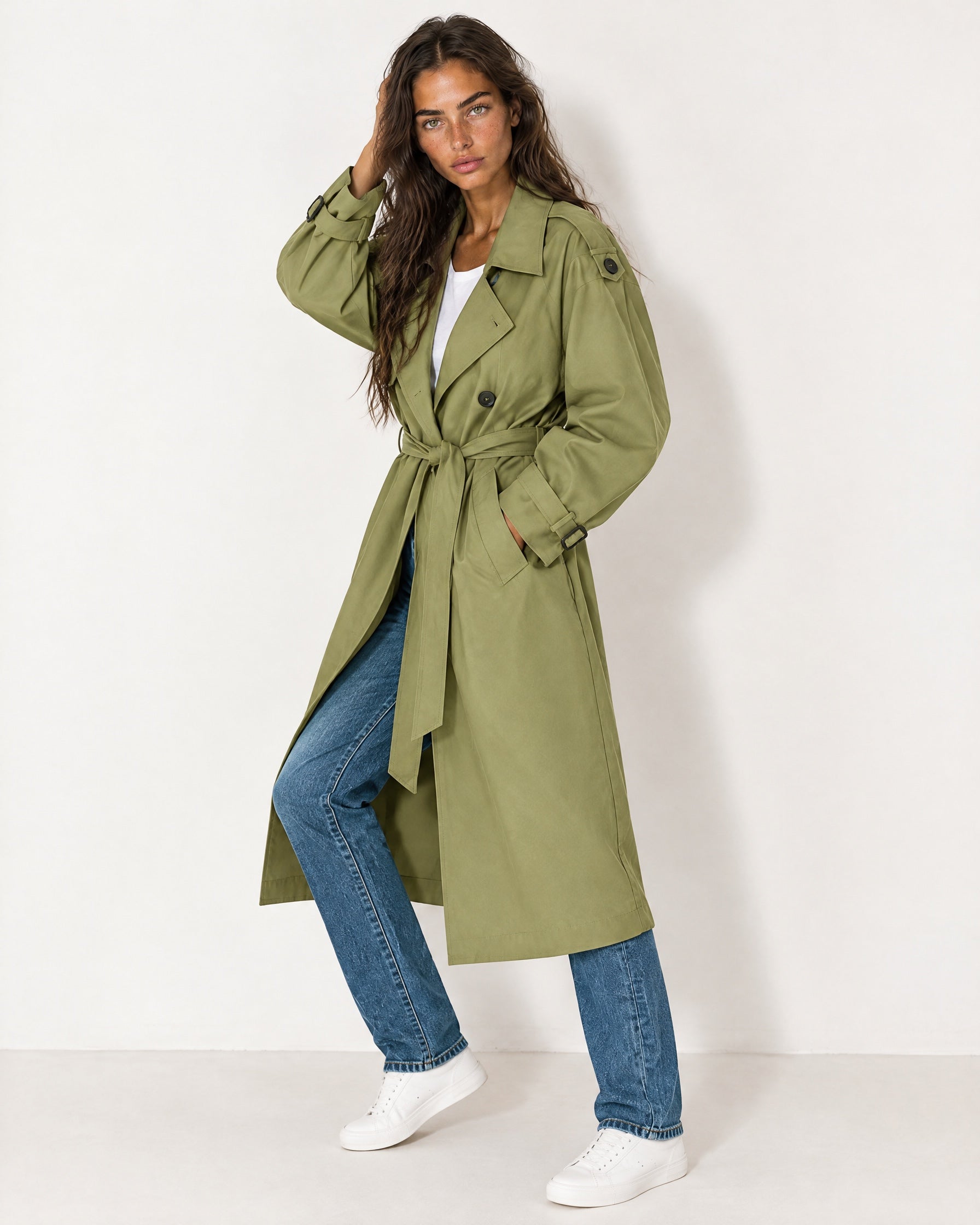 Olive Oversized Trench Coat Long Wide Lapel