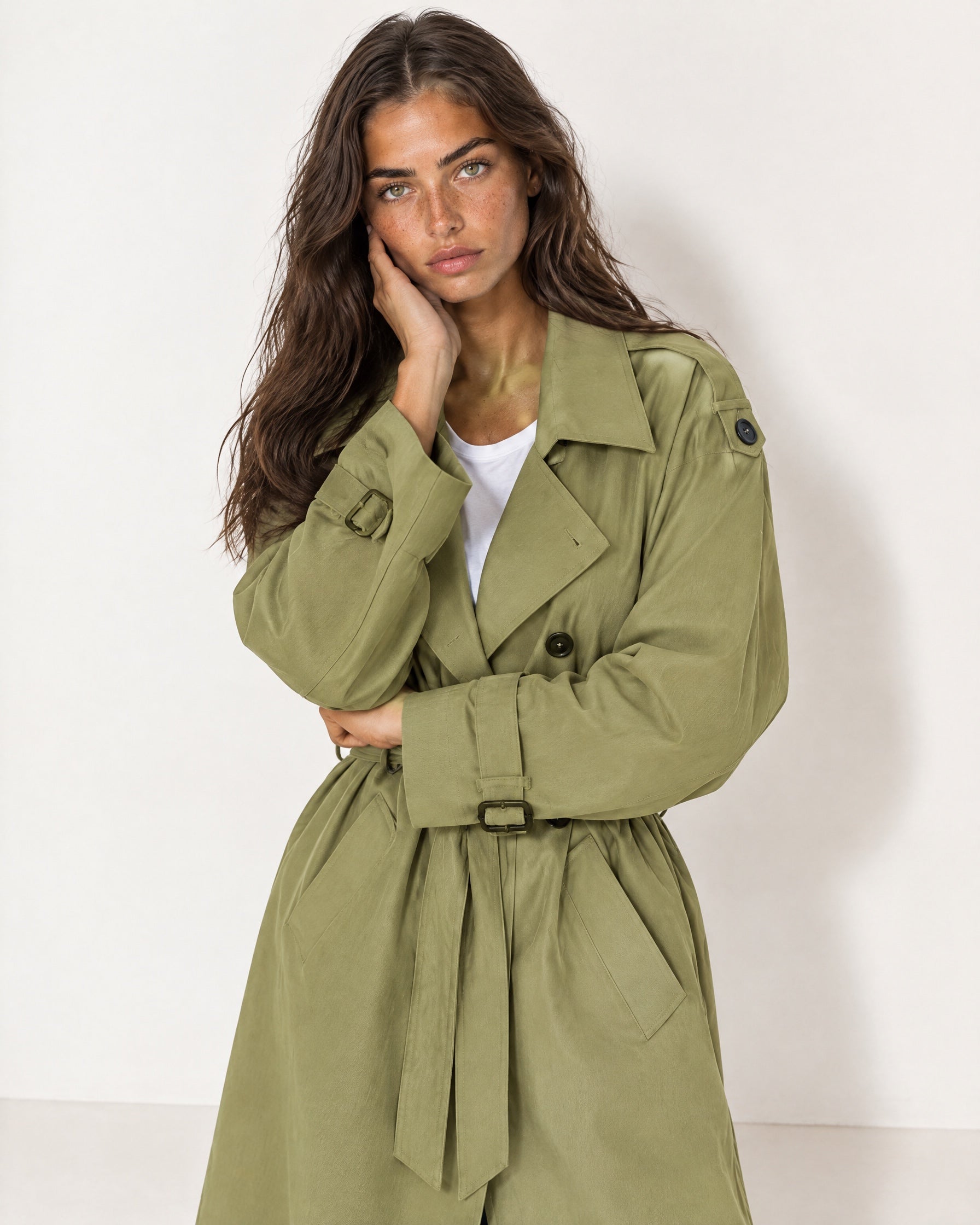 Olive Oversized Trench Coat Long Wide Lapel