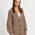 Beige Oversized Cardigan Chunky Ribbed Knit with Buttons and Pockets