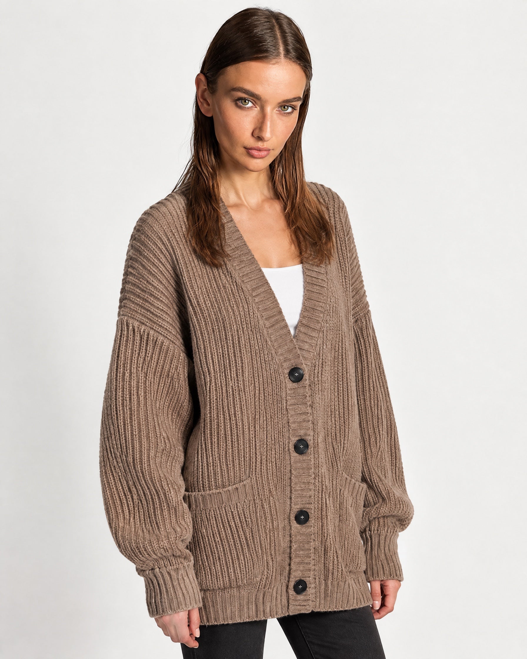 Beige Oversized Cardigan Chunky Ribbed Knit with Buttons and Pockets