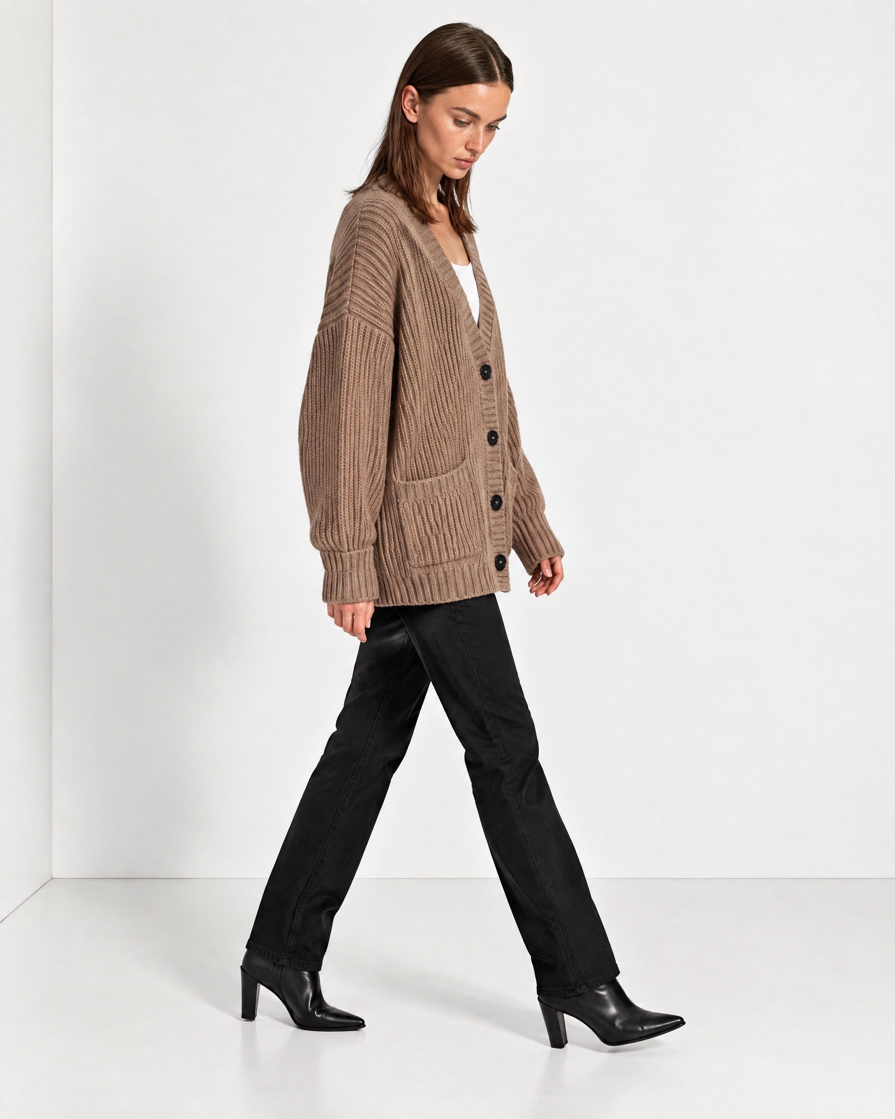 Beige Oversized Cardigan Chunky Ribbed Knit with Buttons and Pockets