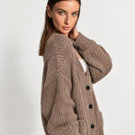 Beige Oversized Cardigan Chunky Ribbed Knit with Buttons and Pockets
